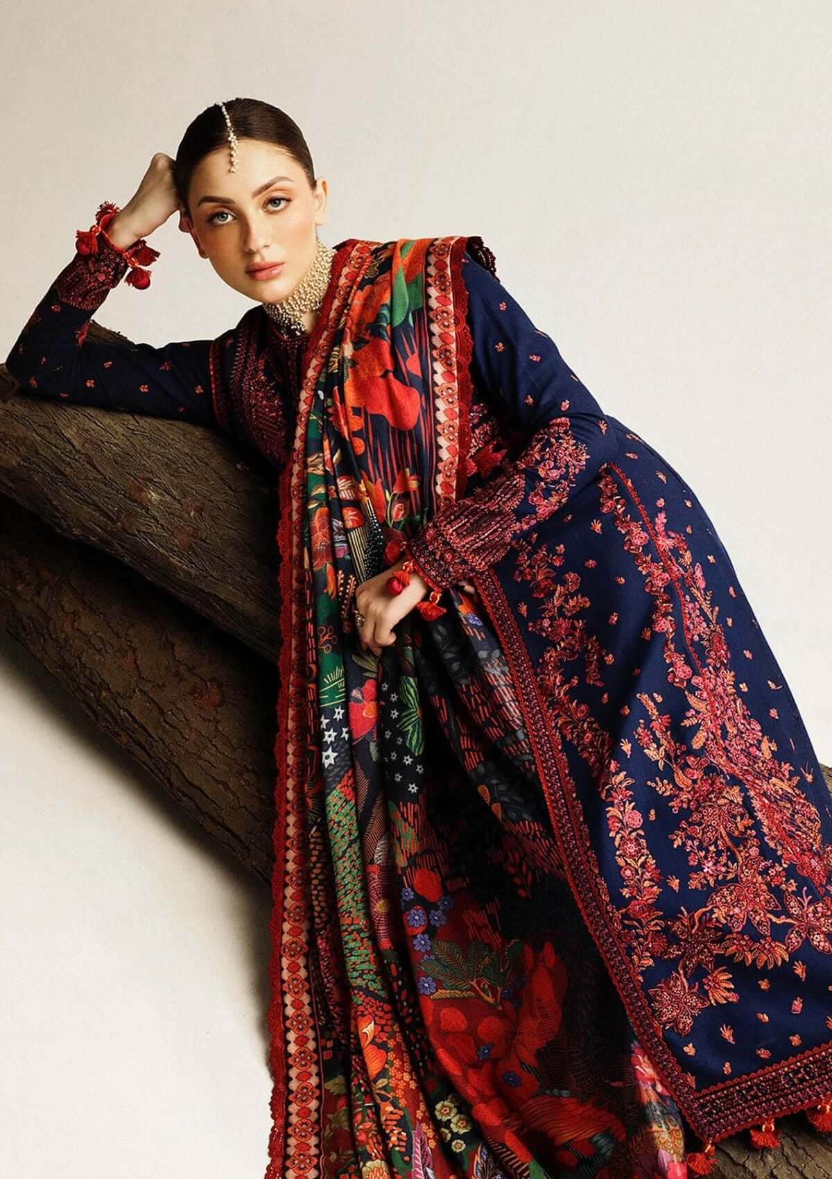 3 Piece Unstitched Heavy Embroidered Dhanak Suit with Printed Woolen Shawl