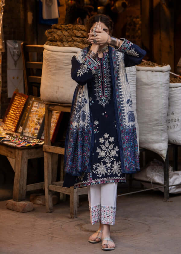 3 Piece Unstitched Heavy Embroidered Dhanak Suit with Printed Woolen Shawl
