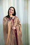 3 Piece Unstitched Heavy Embroidered Dhanak Suit with Printed Woolen Shawl with Four-sided Lace
