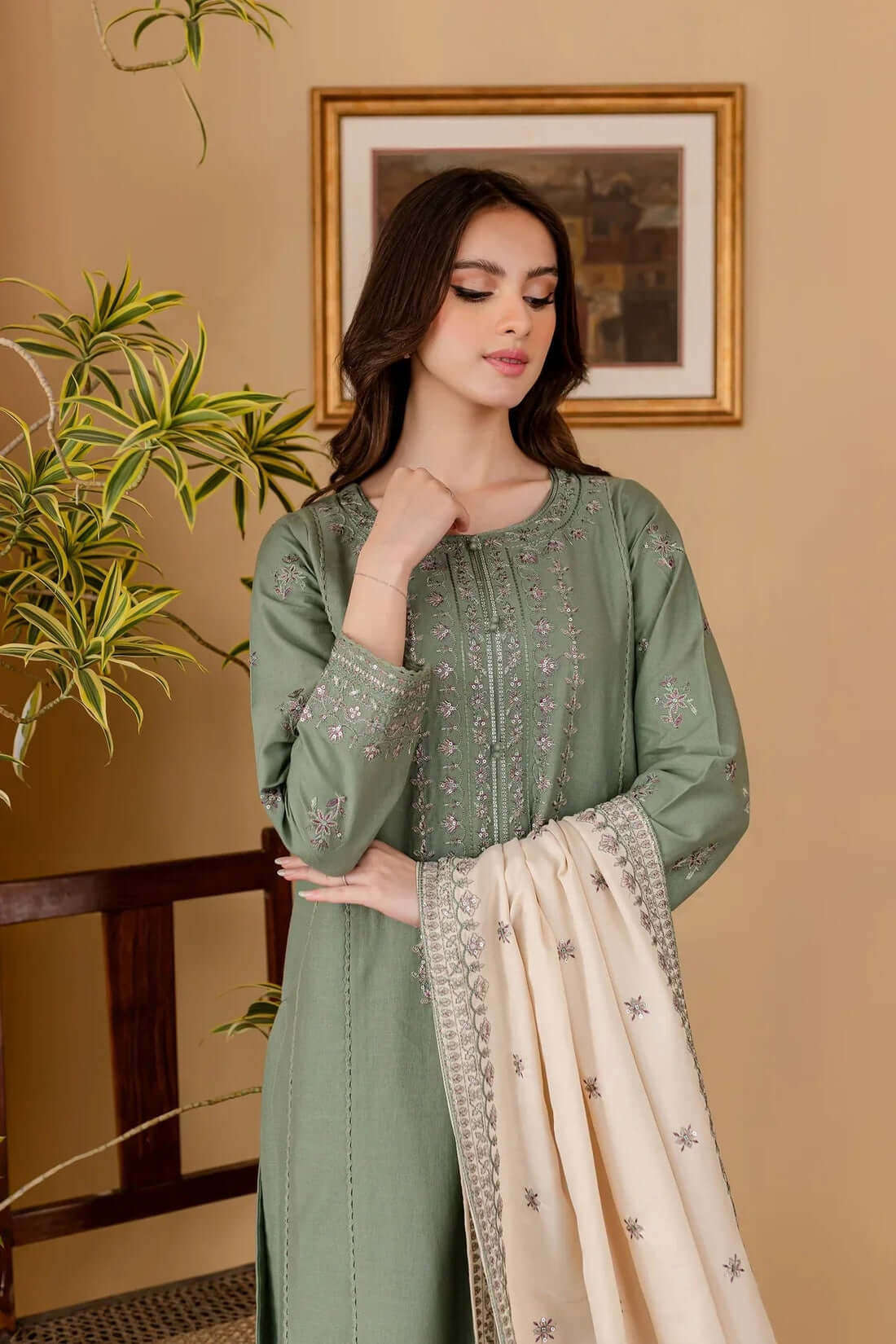 3 Piece Unstitched Heavy Embroidered Dhanak Suit with Embroidered Dhanak Shawl