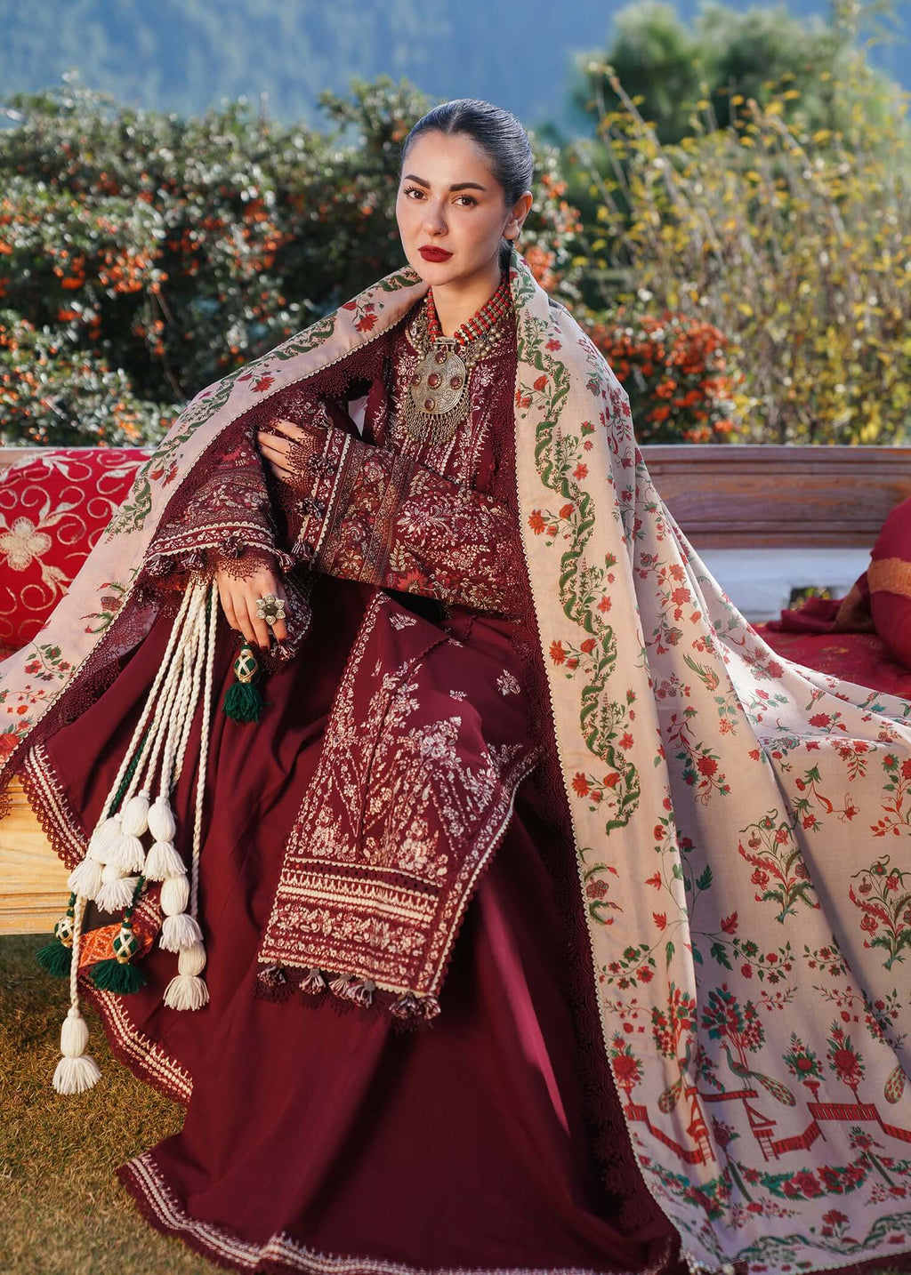 3 Piece Unstitched Heavy Embroidered Dhanak Suit with Printed Woolen Shawl
