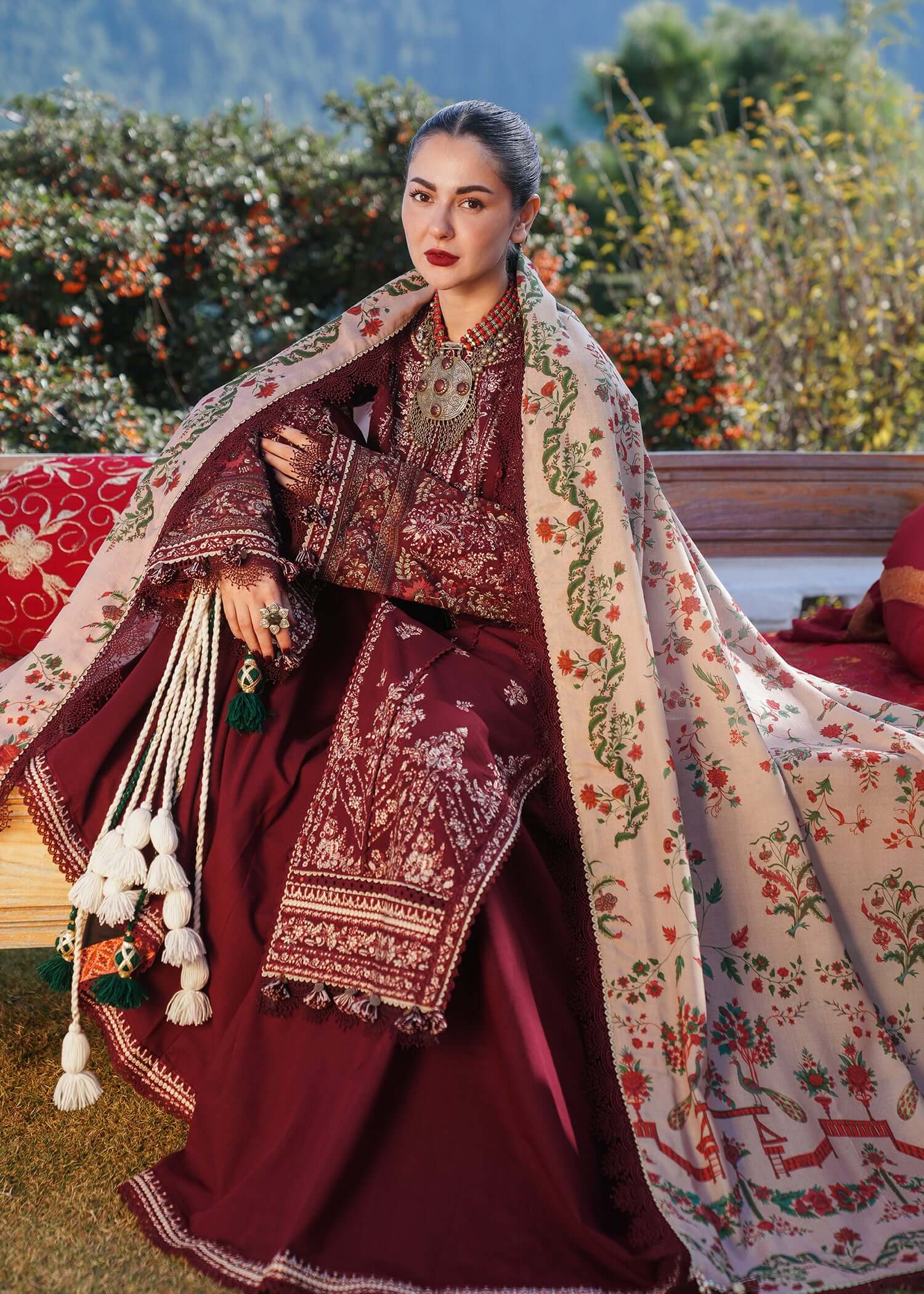 3 Piece Unstitched Heavy Embroidered Dhanak Suit with Printed Woolen Shawl