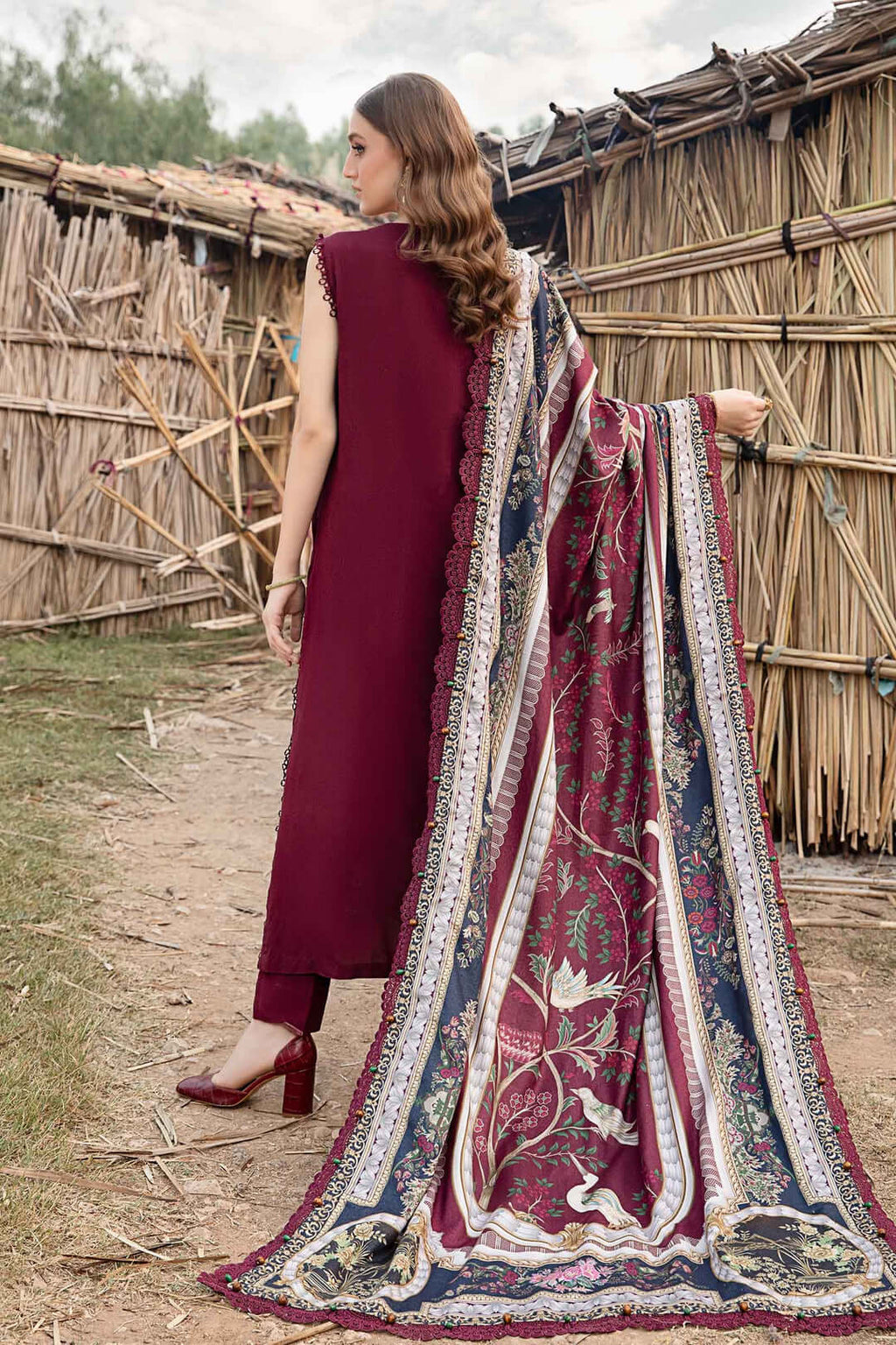 3 Piece Unstitched Heavy Embroidered Dhanak Suit with Printed Woolen Shawl