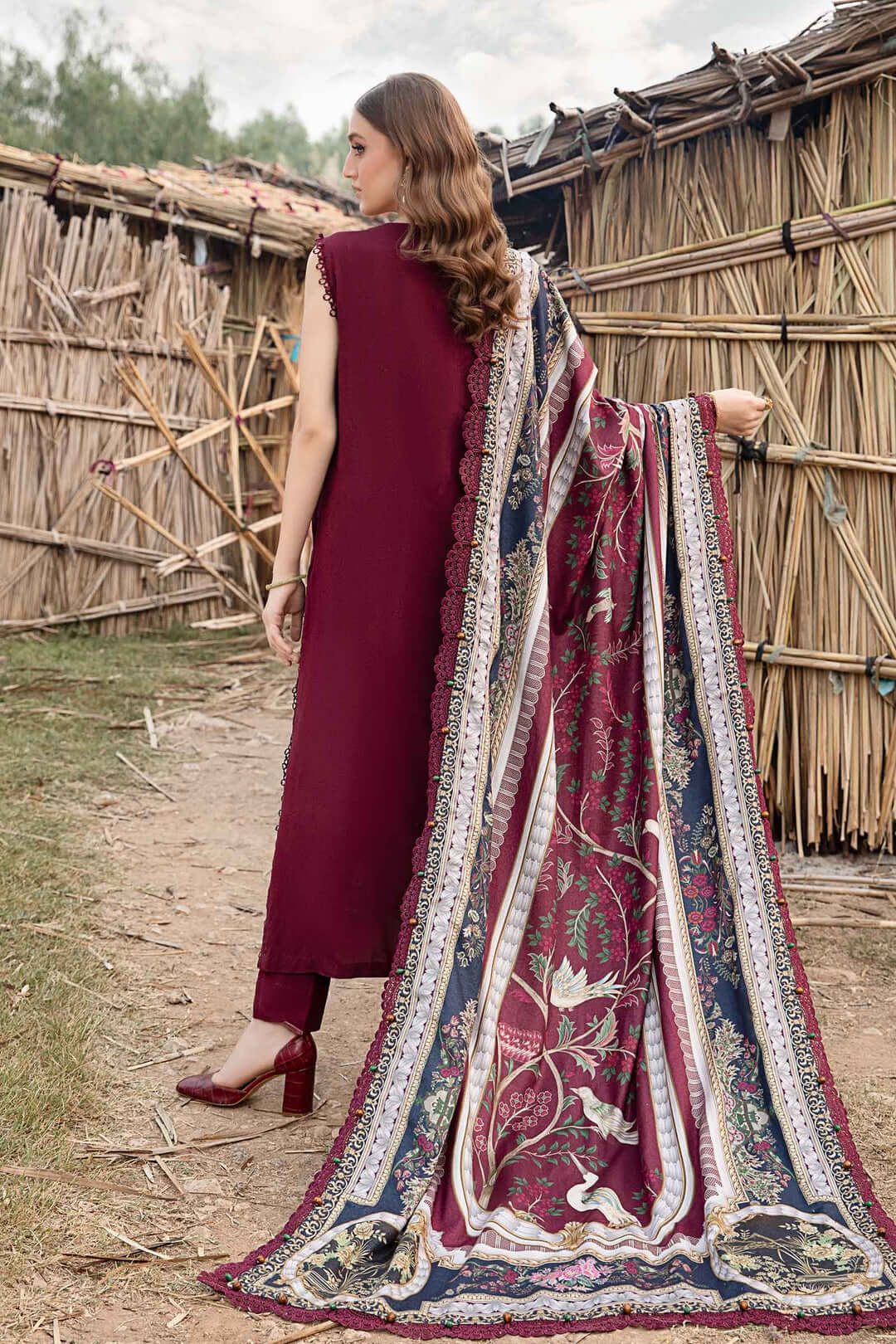 3 Piece Unstitched Heavy Embroidered Dhanak Suit with Printed Woolen Shawl