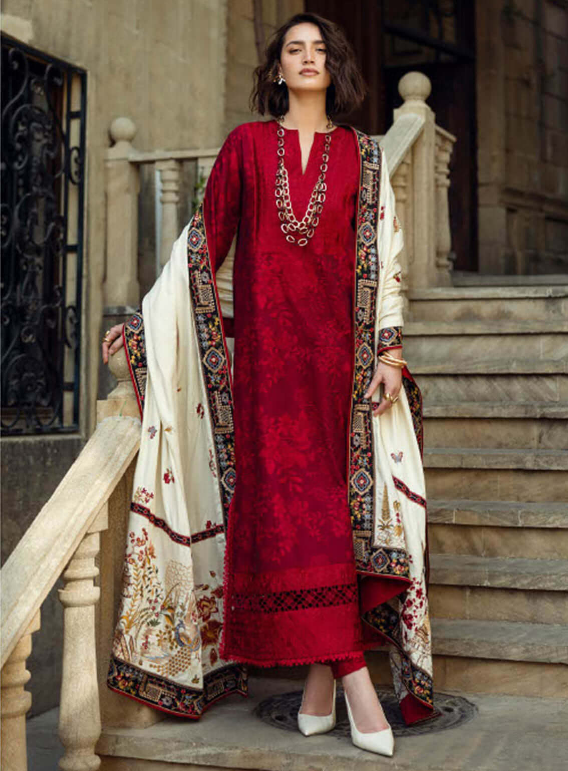3 Piece Unstitched Heavy Embroidered Dhanak Suit with Embroidered Printed Woolen Shawl