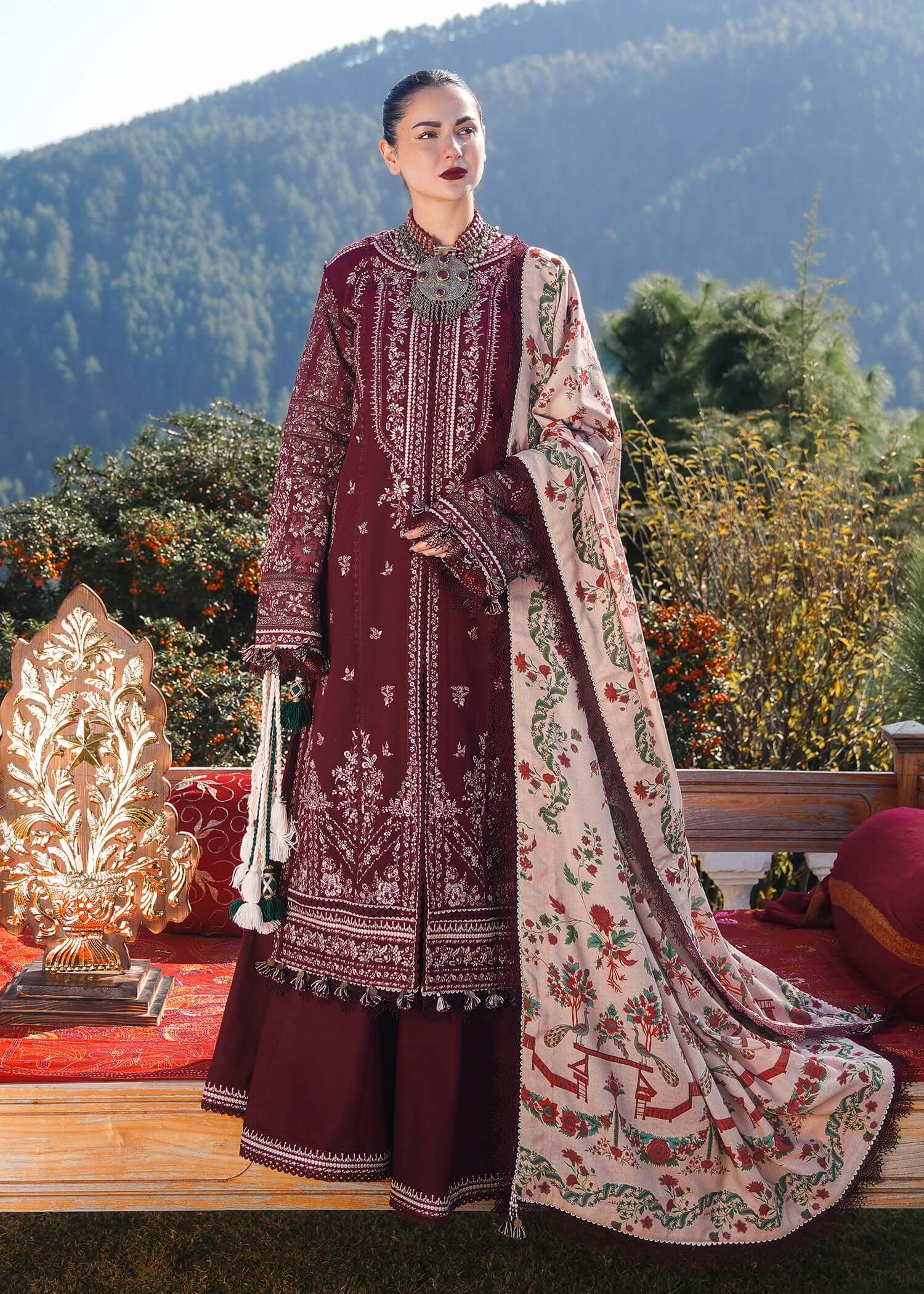3 Piece Unstitched Heavy Embroidered Dhanak Suit with Printed Woolen Shawl