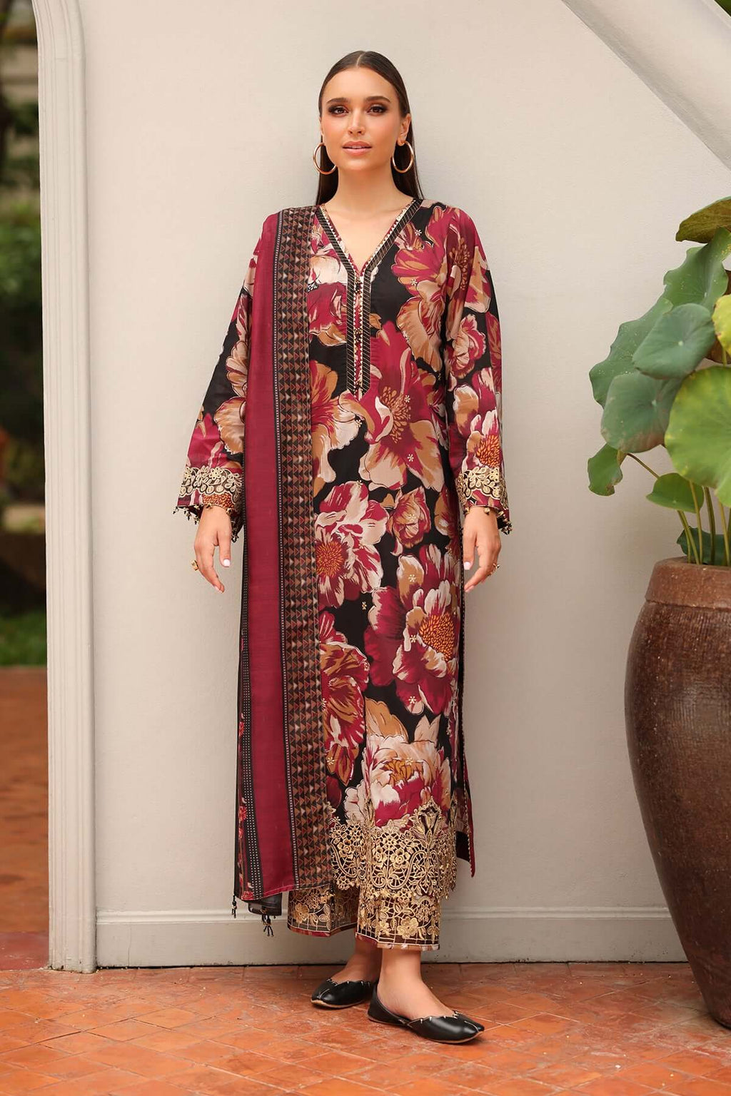 3 Piece Unstitched Embroidered Khaddar Suit with Printed Khaddar Shawl