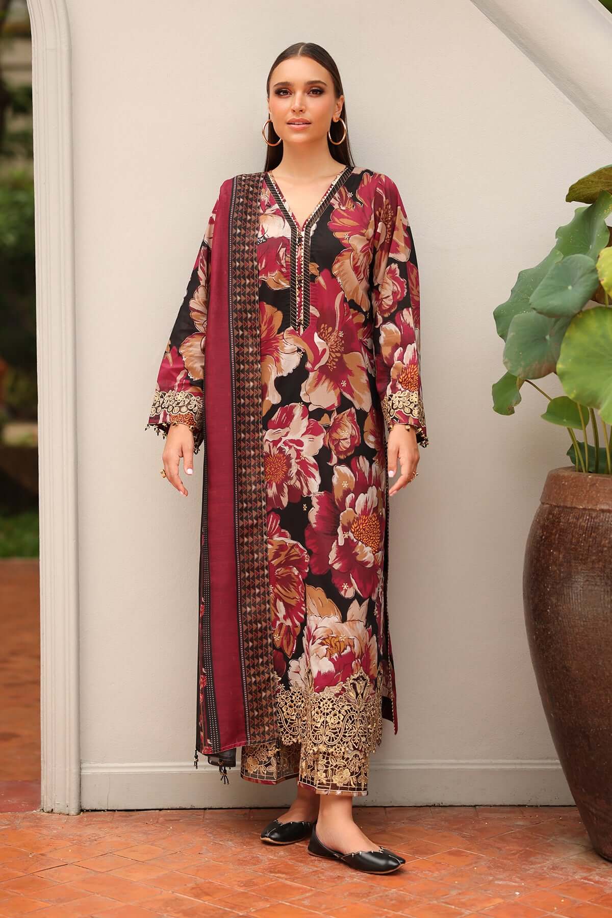 3 Piece Unstitched Embroidered Khaddar Suit with Printed Khaddar Shawl