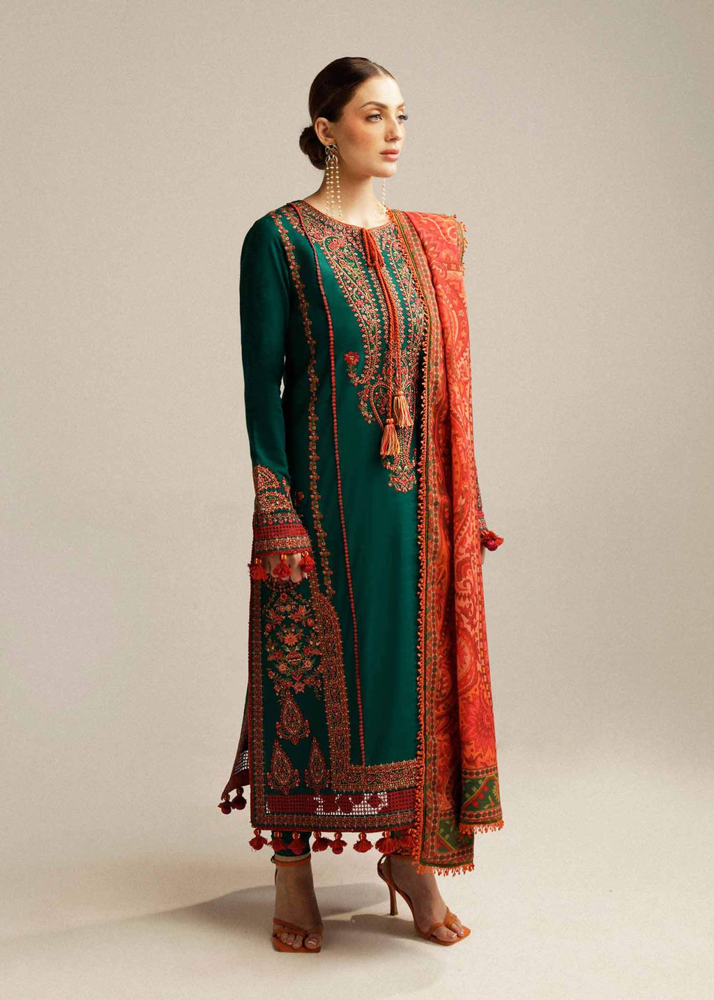 3 Piece Unstitched Heavy Embroidered Dhanak Suit with Printed Woolen Shawl
