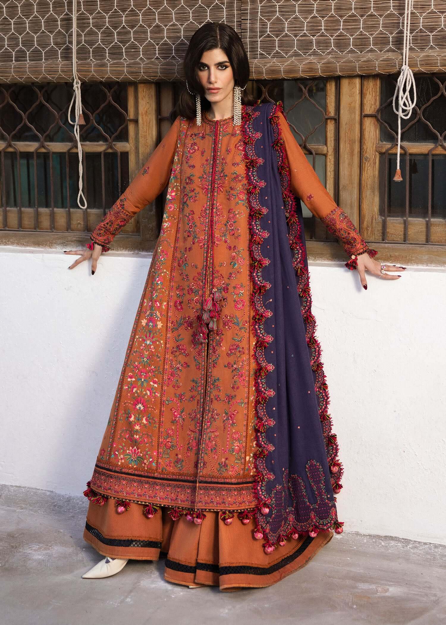 3 Piece Unstitched Heavy Embroidered Dhanak Suit with Heavy Embroidered Dhanak Shawl