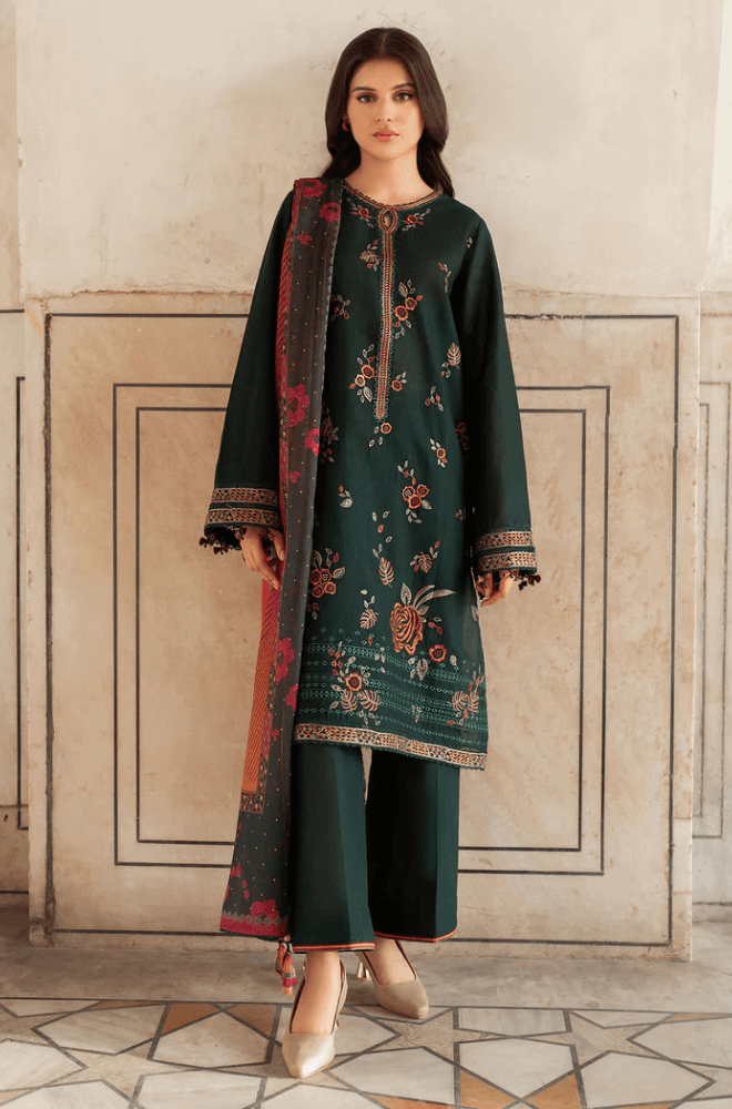 3 Piece Unstitched Heavy Embroidered Dhanak Suit with Printed Woolen Shawl