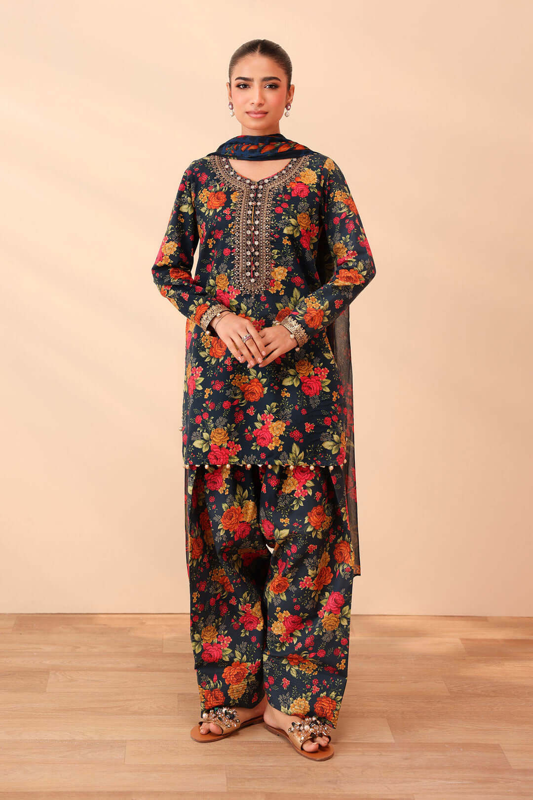 3 Piece Unstitched Embroidered Khaddar Suit with Printed Khaddar Shawl