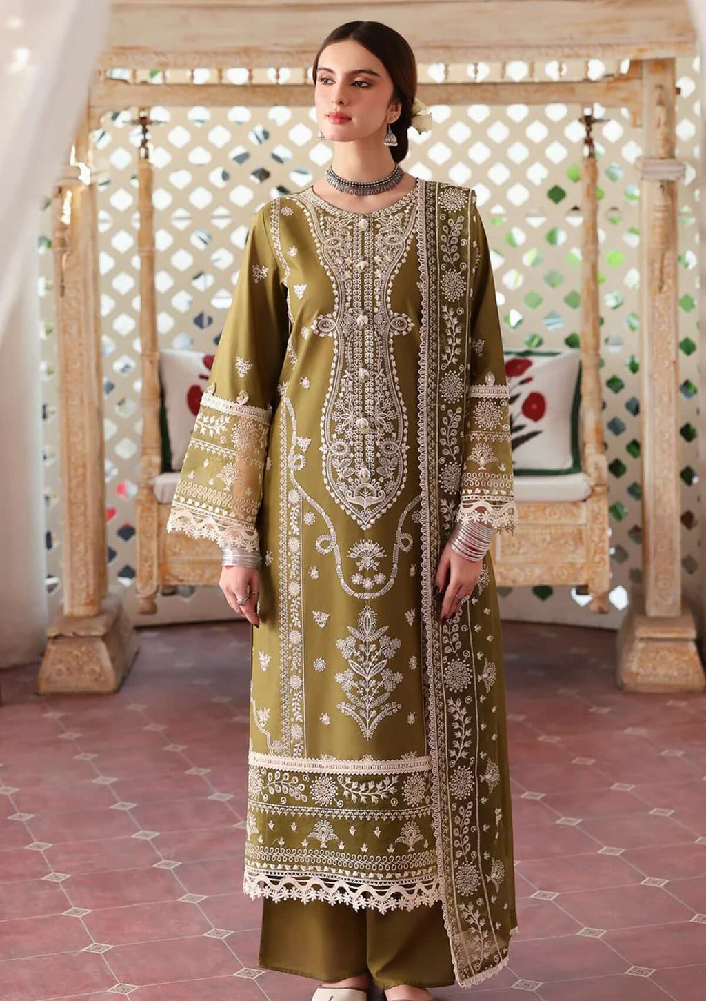 3 Piece Unstitched Heavy Embroidered Dhanak Suit with Heavy Embroidered Dhanak Shawl