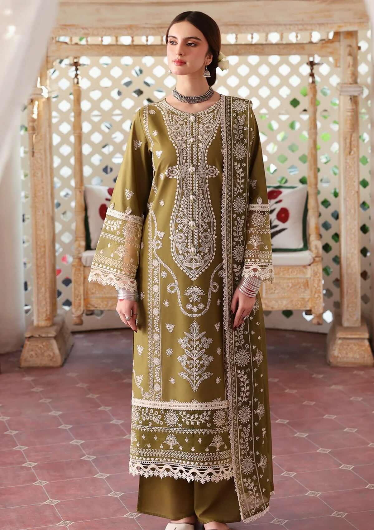 3 Piece Unstitched Heavy Embroidered Dhanak Suit with Heavy Embroidered Dhanak Shawl