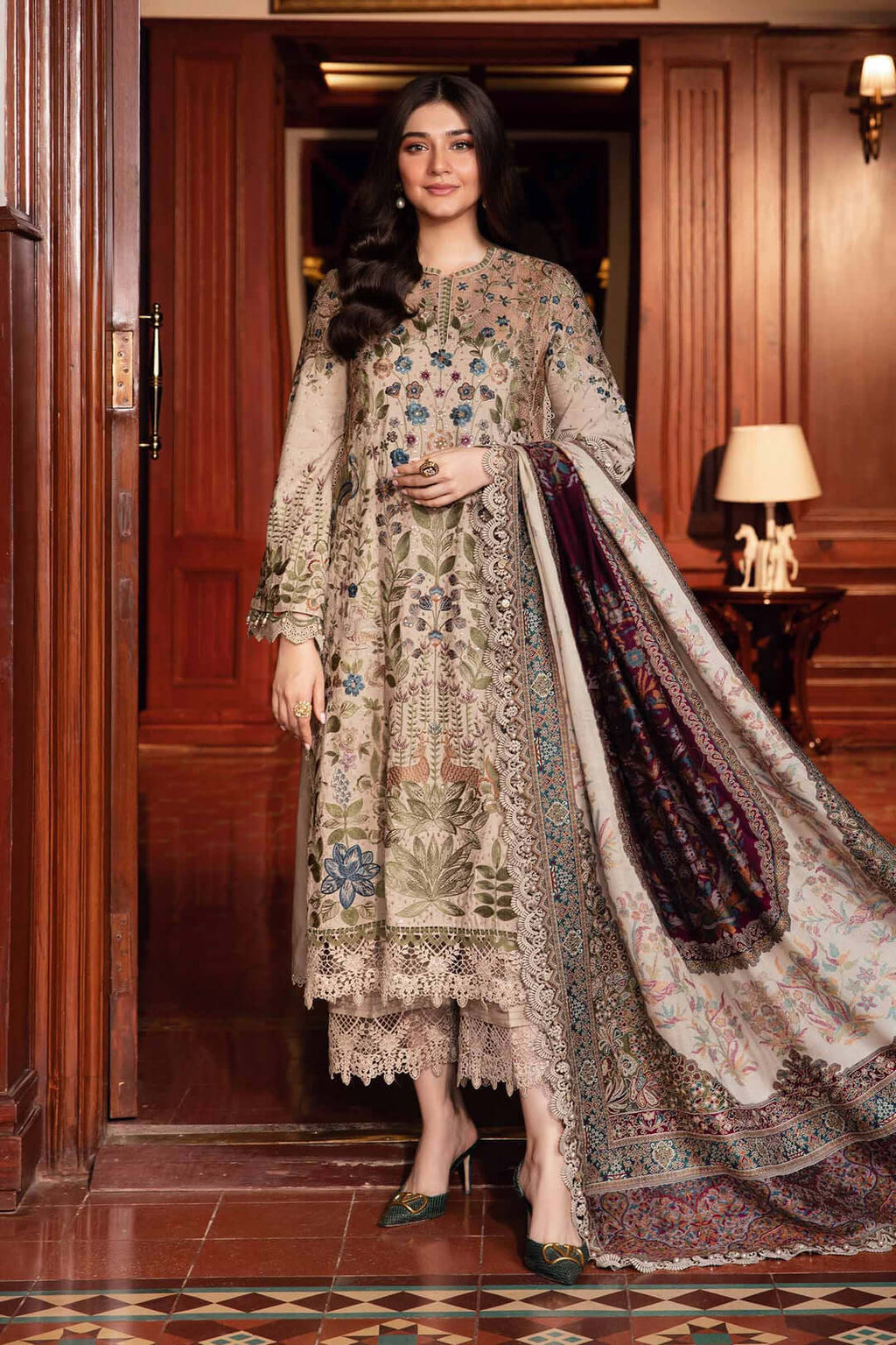 3 Piece Unstitched Heavy Embroidered Dhanak Suit with Printed Woolen Shawl