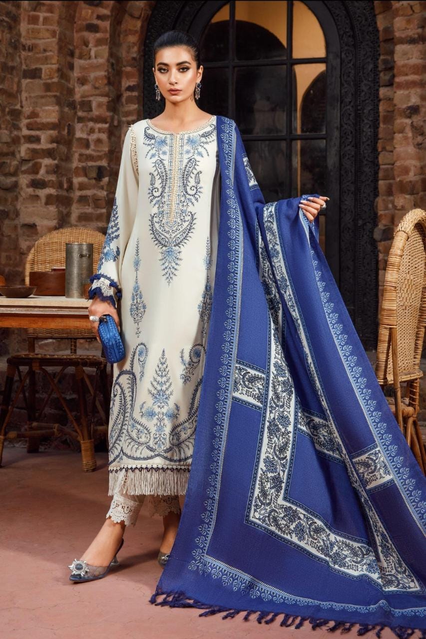 3 Piece Unstitched Heavy Embroidered Dhanak Suit With Digital Printed Woolen Shawl