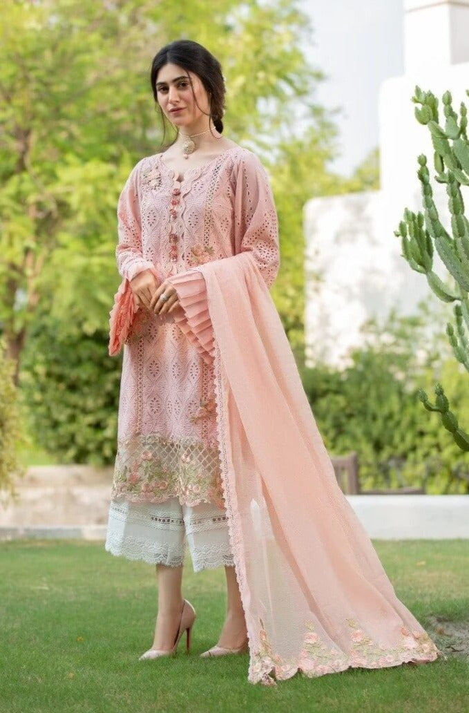 3 Piece Unstitched Heavy Embroidered Chicken Kari Pure Lawn Suit With Heavy Embroidered Bamber Chiffon Dupatta
